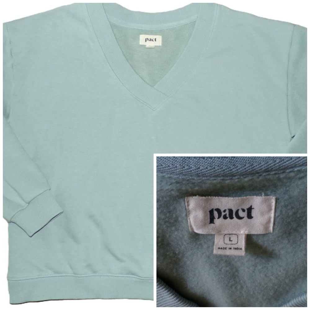 Pact Courtside V-Neck Fleece Sweatshirt L Sage Green Organic Cotton India New
